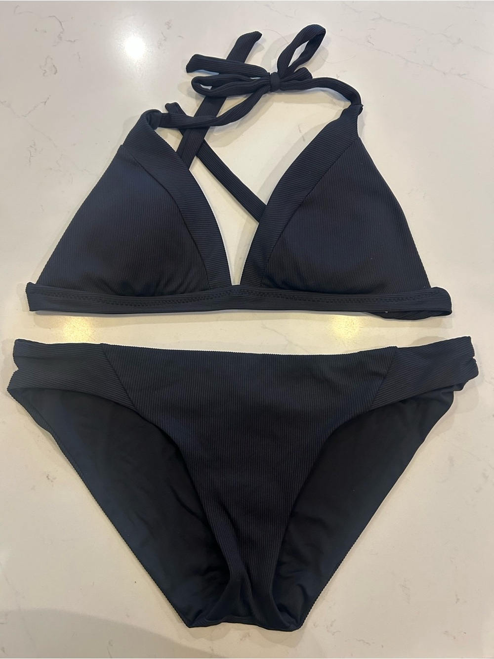 Becca swim bikini. Ribbed pattern. Tie back top. Full coverage bottom.